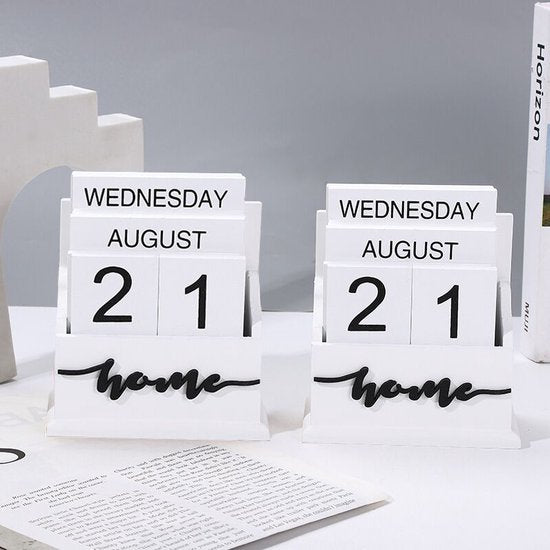 Houten Eeuwigdurende Kalender 'Home' – Handmatige Datum, Wit