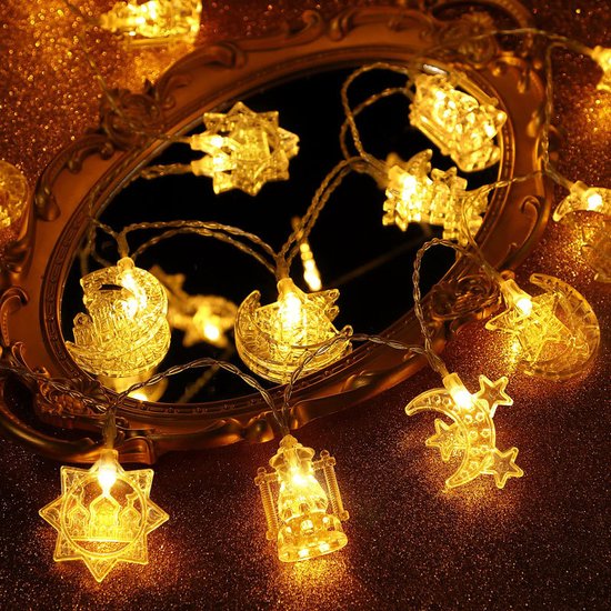 Magische LED-Lichtslinger | Feestelijk & Sfeervol | Perfect voor Ramadan & Eid | 2m, 10 LED's met Sterren, Manen & Kastelen-Warm Wit licht