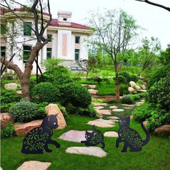 Metalen tuinstekers set – 3 katten tuinbeelden