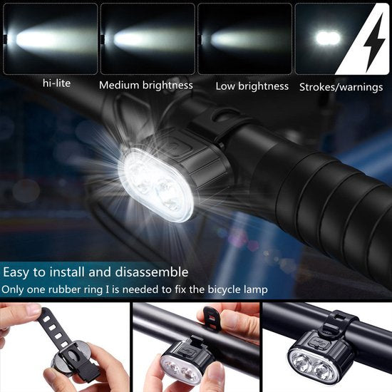 Xtraworks- Waterdichte USB oplaadbare Fietsverlichting-IPX4 waterdicht-voor en achter-zwart