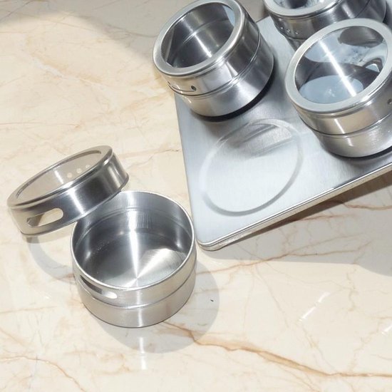 Roestvrijstale Magnetisch Kruidenrek met 6 kruidenpotjes-kruiden en specerijen rek -silver