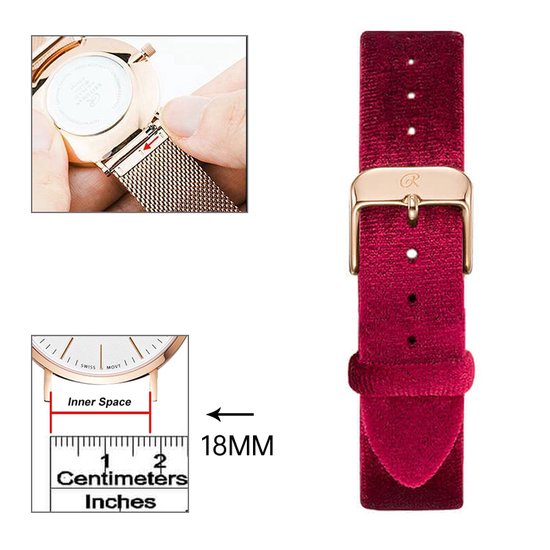 18mm Universele fluwelen band velvet Strap darkred/rosegold -Quick Release - Past op Alle Merken met 18mm Aanzetmaat