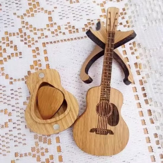 Houten Gitaar Plectrumdoos – Uniek Cadeau voor Gitaristen – Gitaarvormig Bewaardoosje – 12cm – Houtkleur