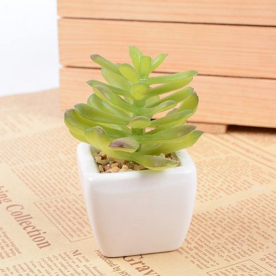 TDR -  6x kunst vetplantjes - Succulenten - Mini kamerplanten - in mooie gevormde witte keramieken potjes - ↑8 cm -Ø 6.6 cm