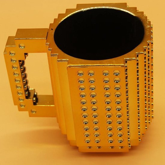 Build on Brick Mug -goud- 350 ml - bouw je eigen mok met bouwsteentjes - BPA vrije drinkbeker cadeau voor kinderen of volwassenen - koffie thee limonade of andere dranken - pennenbeker - creatief accessoire voor op bureau-goud