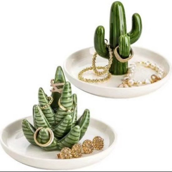 Keramische Cactus Sieradenhouders - Set van 2 - Ringhouders Groen/Wit