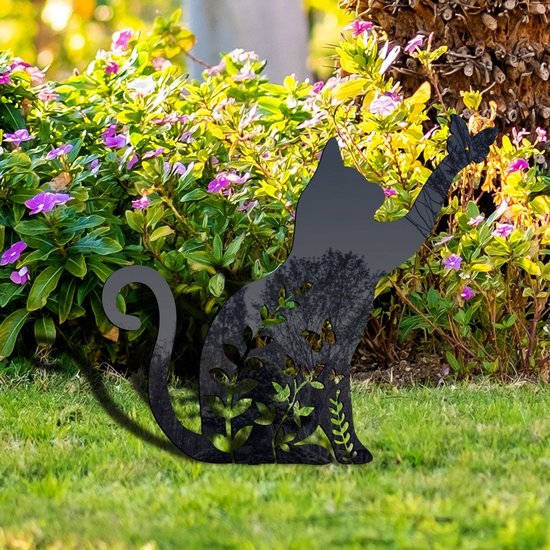 Metalen tuinsteker- kat vangt een vlinder-tuindecoratie-zwart