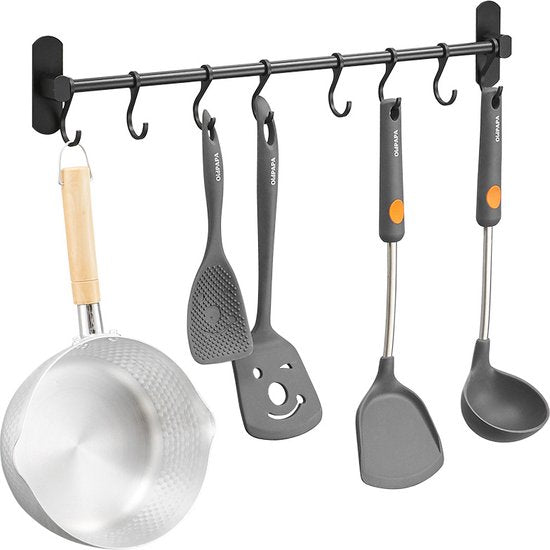 Keukengerei wandbeugel 8 haken, aluminium 49,5 cm zwart