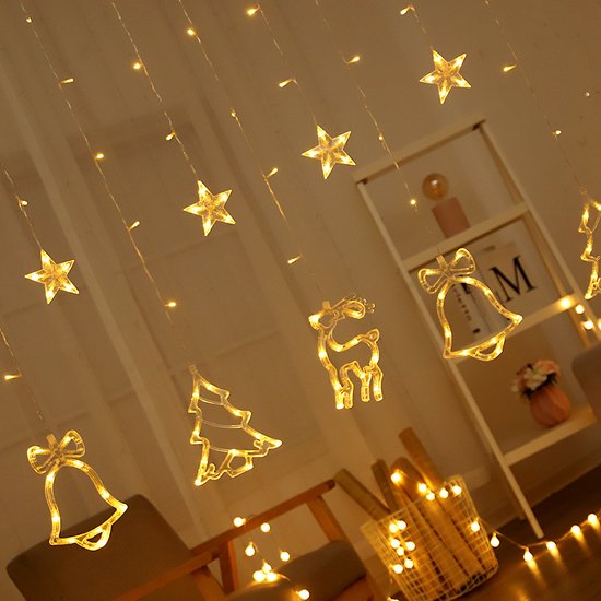 LED Lichtgordijn met Charmante Kerstboom en Belvormige Decoraties- voor een Warme en Feestelijke Leefruimte, 138 Warme LED's