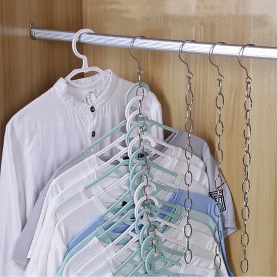 5stuks Ruimtebesparende Kledinghangers met RVS Ketting - 13 Ringen per Ketting voor een Georganiseerde Garderobe-zilver