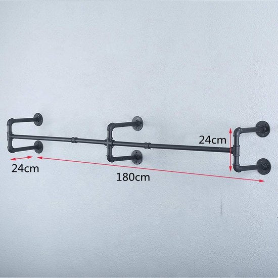 Wandgemonteerde matzwarte metalen kledingstang 180 cm 50 kg