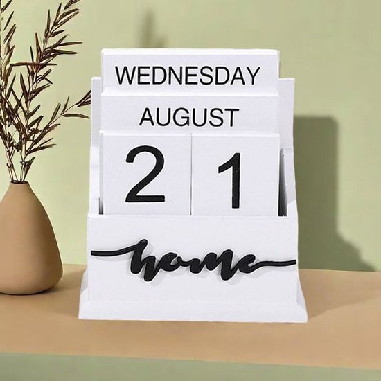 Houten Eeuwigdurende Kalender 'Home' – Handmatige Datum, Wit
