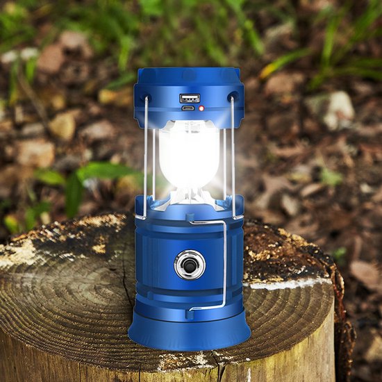 Multifunctionele Solar LED Campinglamp met Handvatten - IP10 - USB-lader en Powerbank-blauw