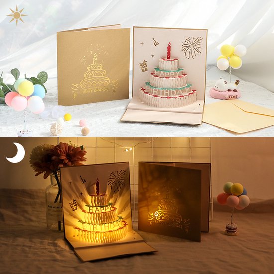 creatieve 3D-verjaardagskaart met opname-, licht- en kaarseffecten-Feestelijke Cadeaukaart - Unieke Beleving - 15x15cm