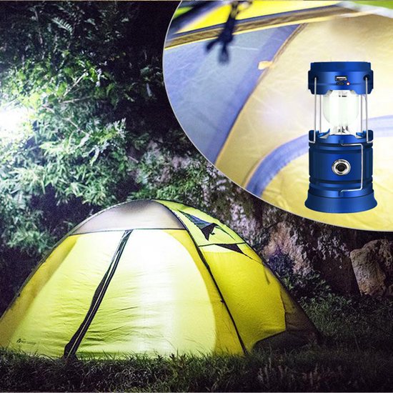 Solar LED Campinglamp Blauw - Handvat, USB, Powerbank, IP10