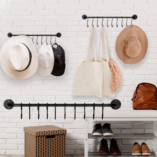 2 STUKS Multifunctioneel IJzeren Kledingstang voor aan de Muur- Garderobe Stang - met 10 Haken voor Optimale Organisatie-38CM