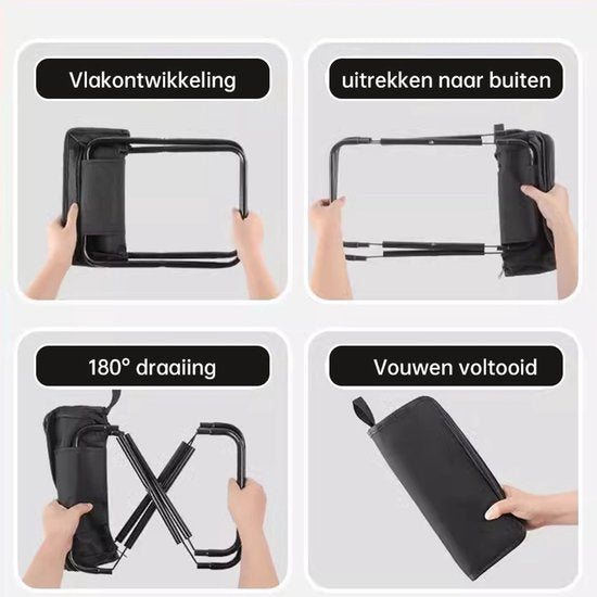 Opvouwbare stoel voor buitenkamperen, etui, opvouwbare minikruk, zwart