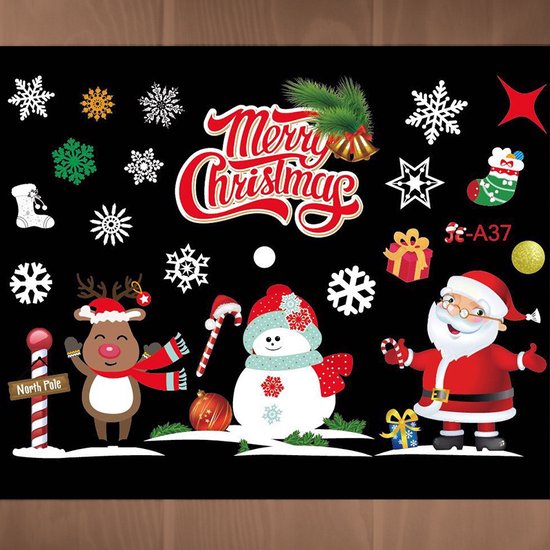 Kerst Raamstickers met Kerstman ,sneeuwvlokken en cadeautjes