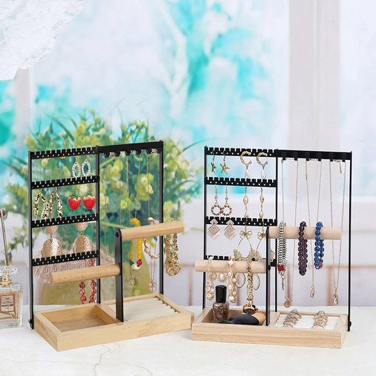 Hoogwaardig Sieradennrek met 48 Oorgaatjes, 6 Haakjes voor Ketting, 2 Armbandstandaards en een Handig Ringenvak - Stijlvolle Opbergruimte voor Elke Sieradencollectie