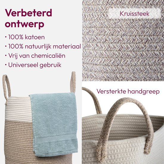 Wasmand Katoen - Opbergmand 52 ltr - Mand Rond met handvaten - Wasbox Opvouwbaar - Speelgoedmand