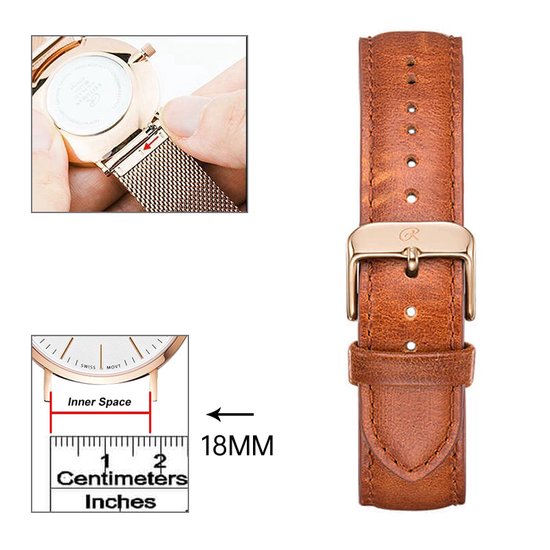 18mm Universele leather Strap light brown/rosegold -Quick Release - Past op Alle Merken met 18mm Aanzetmaat