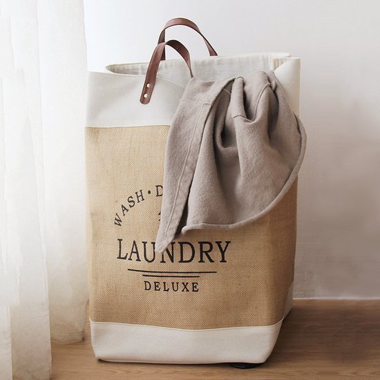 Stijlvolle Bedrukte Wasmand van Hoogwaardig Katoen-Linnen met Handvat - Chic en Ruimtebesparend Opbergwonder - Grote Capaciteit - Opvouwbaar Ontwerp40*30*55CM-beige