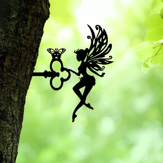 Fairy Angel Tuindecoratie met Sleutel – Zwart Metaal – 25 cm