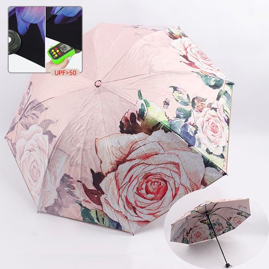 Opvouwbaar bloem paraplu - Zonbescherming Anti-Uv UPF50 + -Windproof- Stevig paraplu met diameter van 97 cm -licht roze