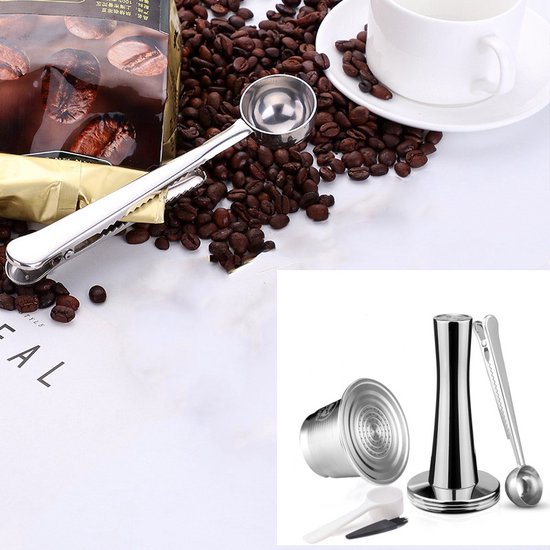5 delige Herbruikbare RVS Nespresso Capsule Set met Tamper, Afsluitclip, Maatschep en Reinigingsborstel - Compleet en Duurzaam Koffiezetplezier