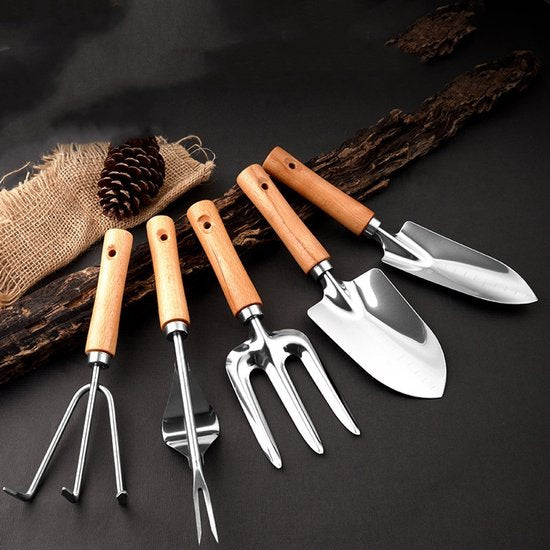 5-delige Tuingereedschap Set – RVS & Houten Handvatten – Schopje, Hark, Plantschep & Meer – Ideaal voor Elke Tuinier