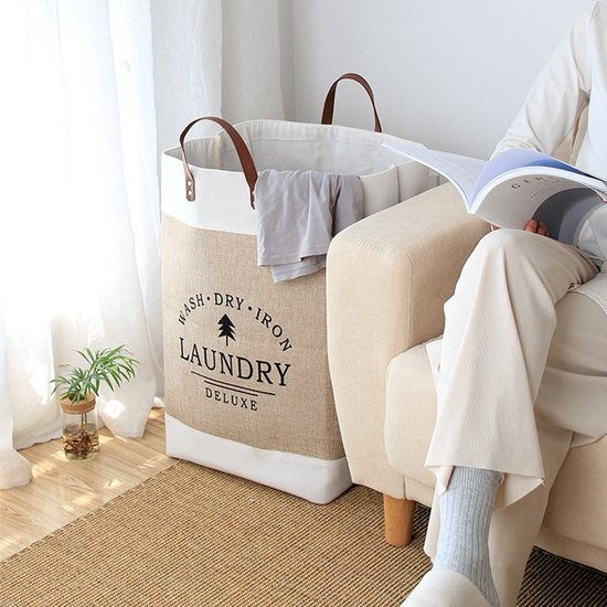 Bedrukte wasmand katoen-linnen 40x30x55 cm, opvouwbaar beige