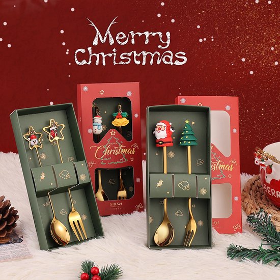 4 delige (8 stuks) Luxe Kerst Bestekset – Theelepels & Vorke