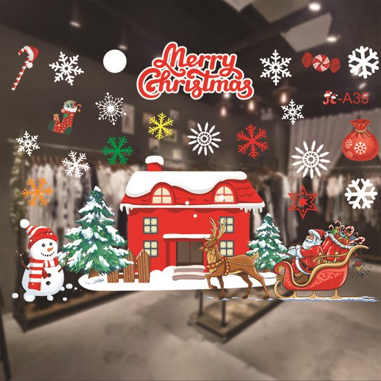 Kerst Raamstickers met Kerstman ,kerstbomen en sneeuwpop - H