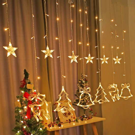 LED Lichtgordijn met Charmante Kerstboom en Belvormige Decoraties- voor een Warme en Feestelijke Leefruimte, 138 Warme LED's