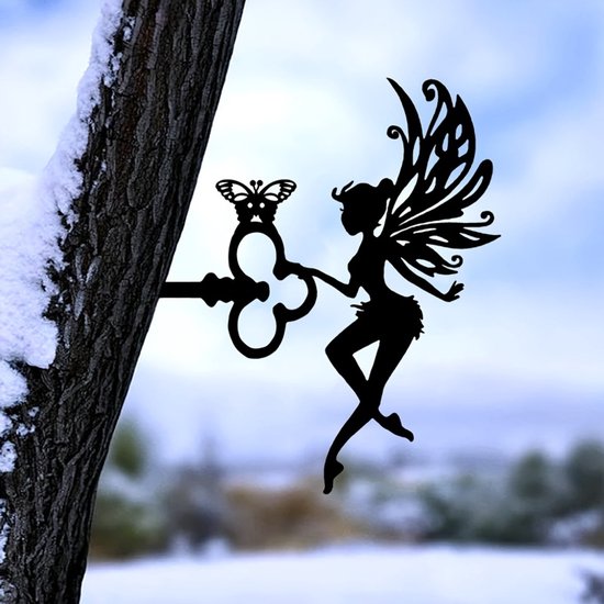 Fairy Angel Tuindecoratie met Sleutel – Zwart Metaal – 25 cm