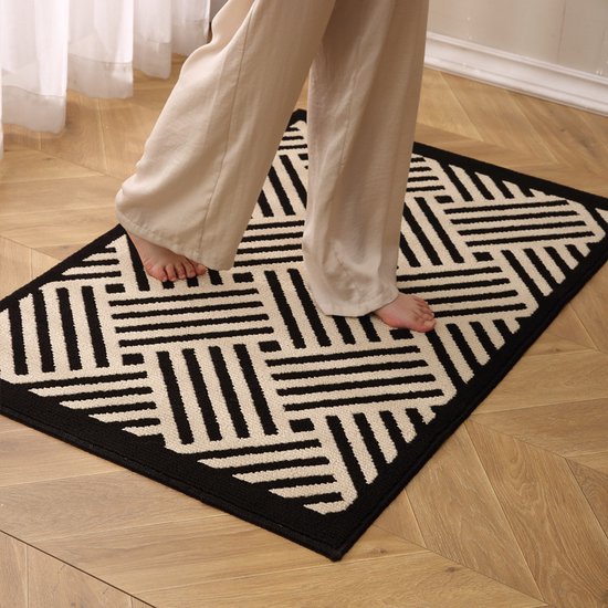 Antislip Deurmat - Geometrisch Patroon met Diagonale Lijnen - Absorberend en Wasbaar - Ideaal voor Binnen 60X90CM-zwart