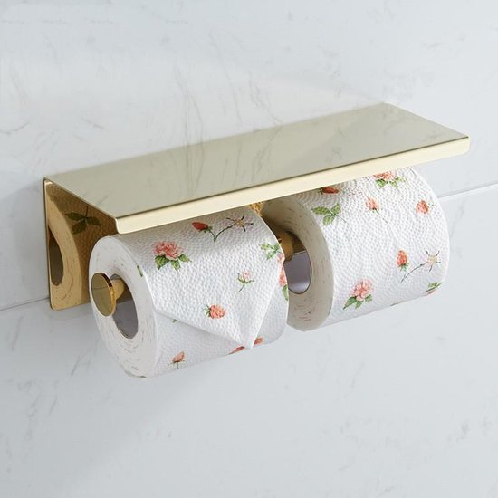 TDR - Dubbele toiletrol houder - RVS - met geïntegreerd goudkleurig plankje / planchet