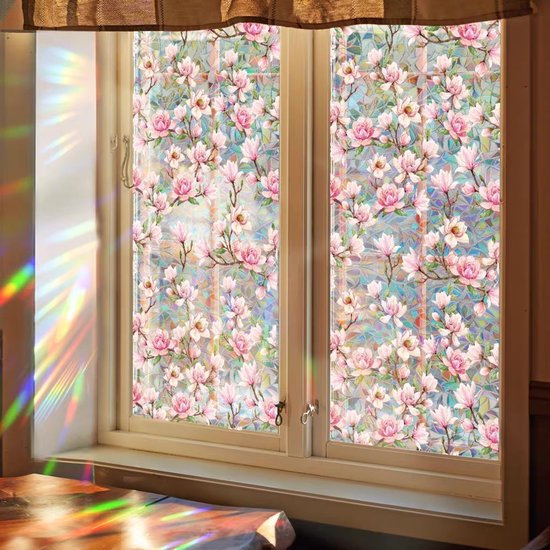 Milieuvriendelijke PVC Glasfolie - Kleurrijk Magnolia patroon - Zelfklevend - Privacy en UV Bescherming - 40x100 cm