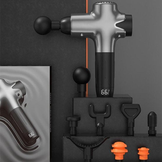 TDR -  Massage Gun - Massage Pistool - Massage Apparaat - Voor Sportmassage, Fascia, Relaxmassage & Spierpijn - 7 Verschillende Niveaus- 8 Opzetstukken  - Grijs