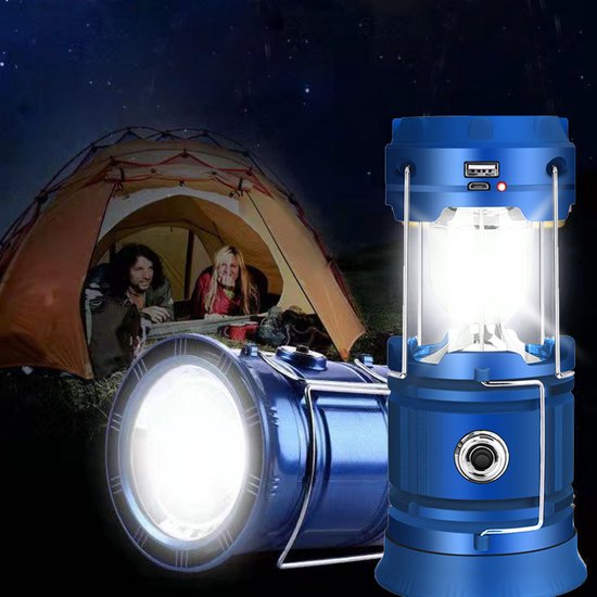 Solar LED Campinglamp Blauw - Handvat, USB, Powerbank, IP10