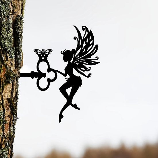 Fairy Angel Tuindecoratie met Sleutel – Zwart Metaal – 25 cm