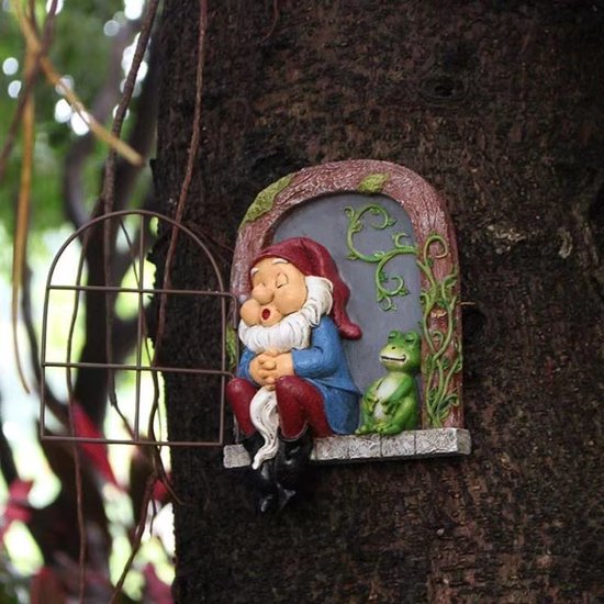 Charmante Slapende tuinkabouter met kikker voor in de tuin - ophangbaar standbeeld van duurzame designerhars - 12.5*4*18cm