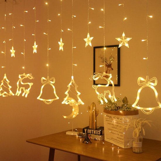 LED Lichtgordijn met Charmante Kerstboom en Belvormige Decoraties- voor een Warme en Feestelijke Leefruimte, 138 Warme LED's