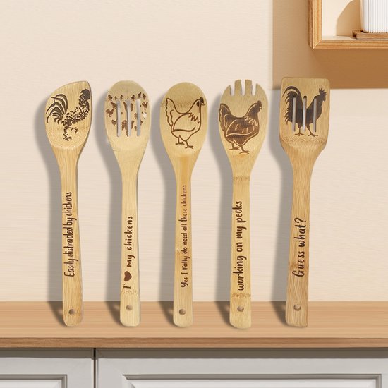 5-Delige Premium Bamboe kookgerei Set – Krasvrij & Hittebestendig met Unieke Kip Design