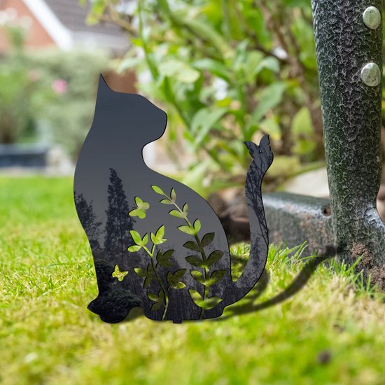 Metalen tuinsteker-Kat met Vlinder Silhouet-Sierlijke tuindecoratie-20x31cm