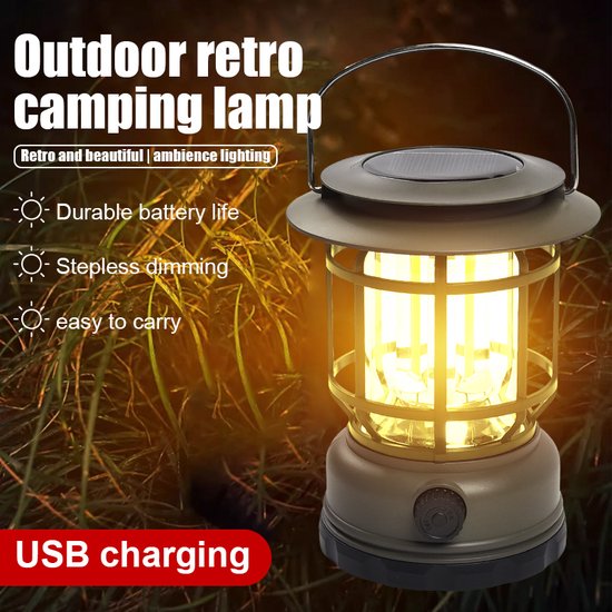 Multifunctionele Compacte Kampeerlamp met Powerbank - Duurzaam, Dimbaar & Waterdicht - USB/Zonne-Energie Opladen - Ideaal voor Outdoor & Tuin-zwart
