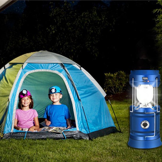 Solar LED Campinglamp Blauw - Handvat, USB, Powerbank, IP10