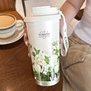 Thermos Mok met Bloemprint – 500ml – Roze – Dubbelwandig – Lekvrij – Met Draagriem – Ideaal voor Camping & Reizen