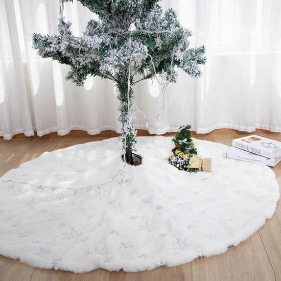 Duurzame Pailletten Geborduurde Kerstboom Rok - 122cm, Wit sneeuw en zilver accenten- Een Feestelijke Toevoeging aan Je Kerstdecoratie