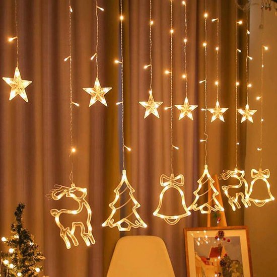 LED Lichtgordijn met Charmante Kerstboom en Belvormige Decoraties- voor een Warme en Feestelijke Leefruimte, 138 Warme LED's